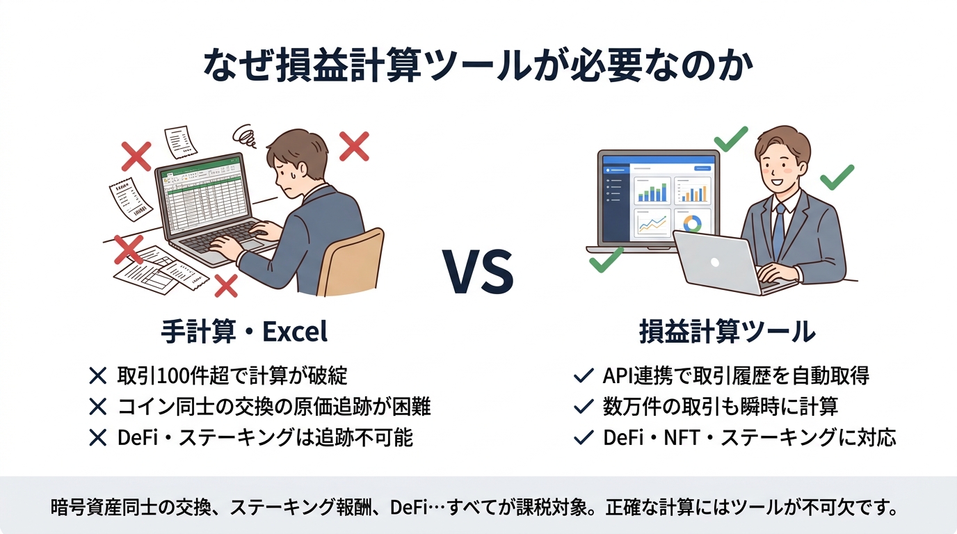 手計算とツールの比較 — なぜ損益計算ツールが必要か