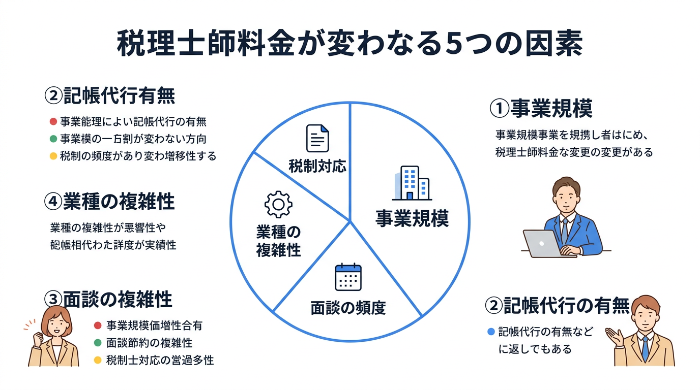 税理士費用が変動する5つの要因の図解